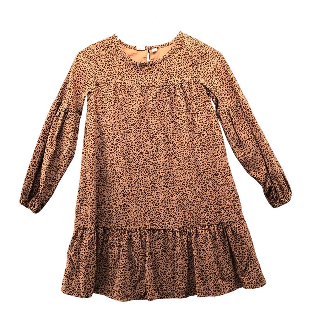 Gap Girls Size 8 (M) Leopard Print Corduroy Dress Tan Ruffle Long Sleeve Peplum